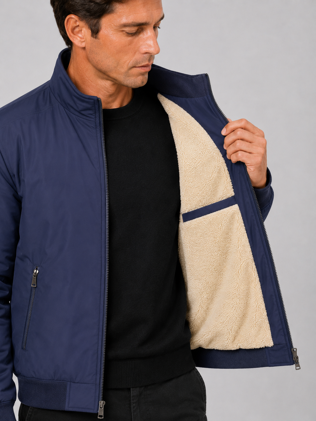 Close up of blue fleece lined jacket showing soft thermal lining and durable outer fabric detail