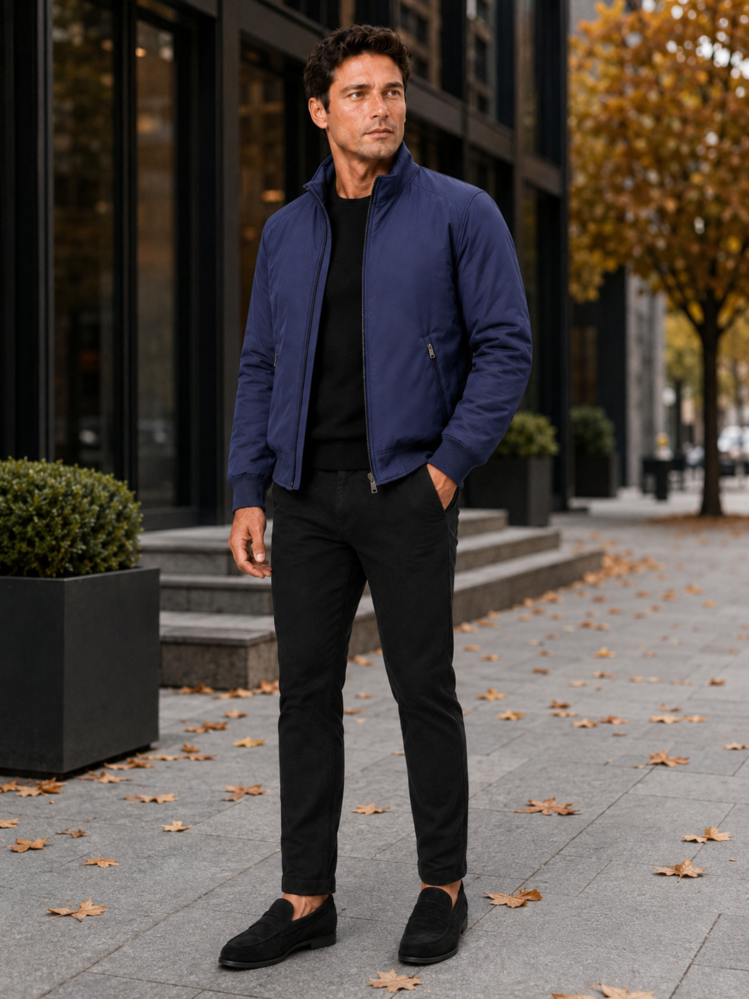 Man styling blue fleece lined jacket in a polished office and winter lifestyle outfit