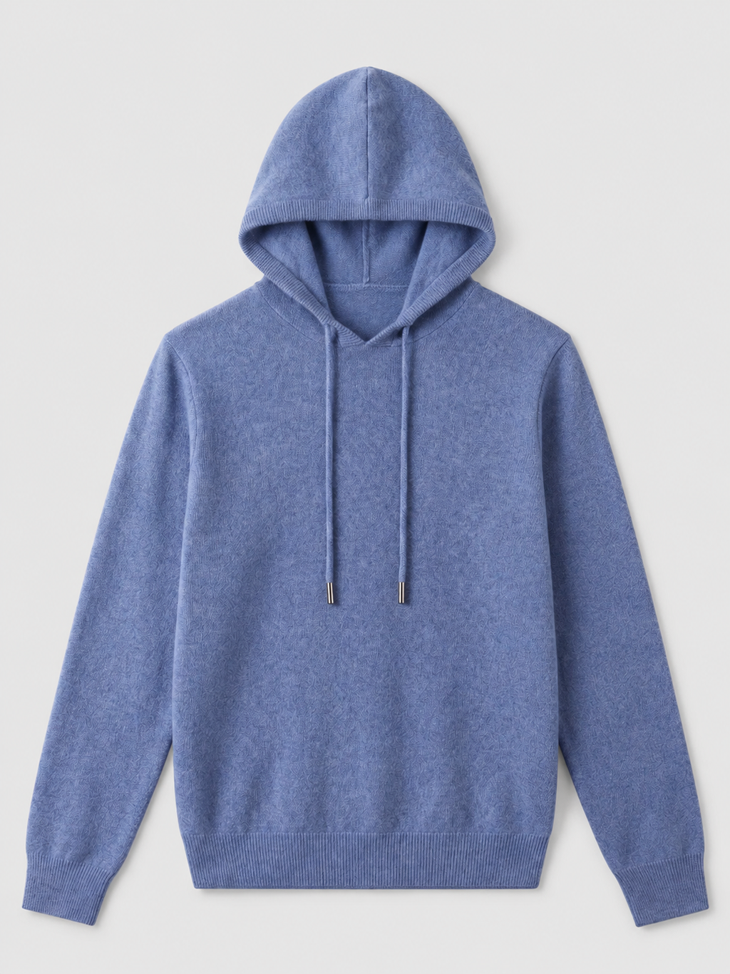 Blue men’s wool knit hoodie sweater displayed on a plain background