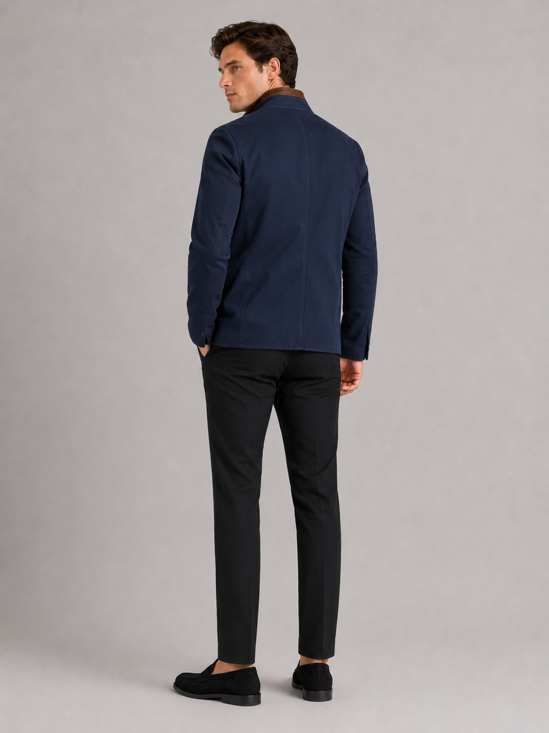 Men’s blue lapel jacket lightweight fall layer with utility inspired workwear design