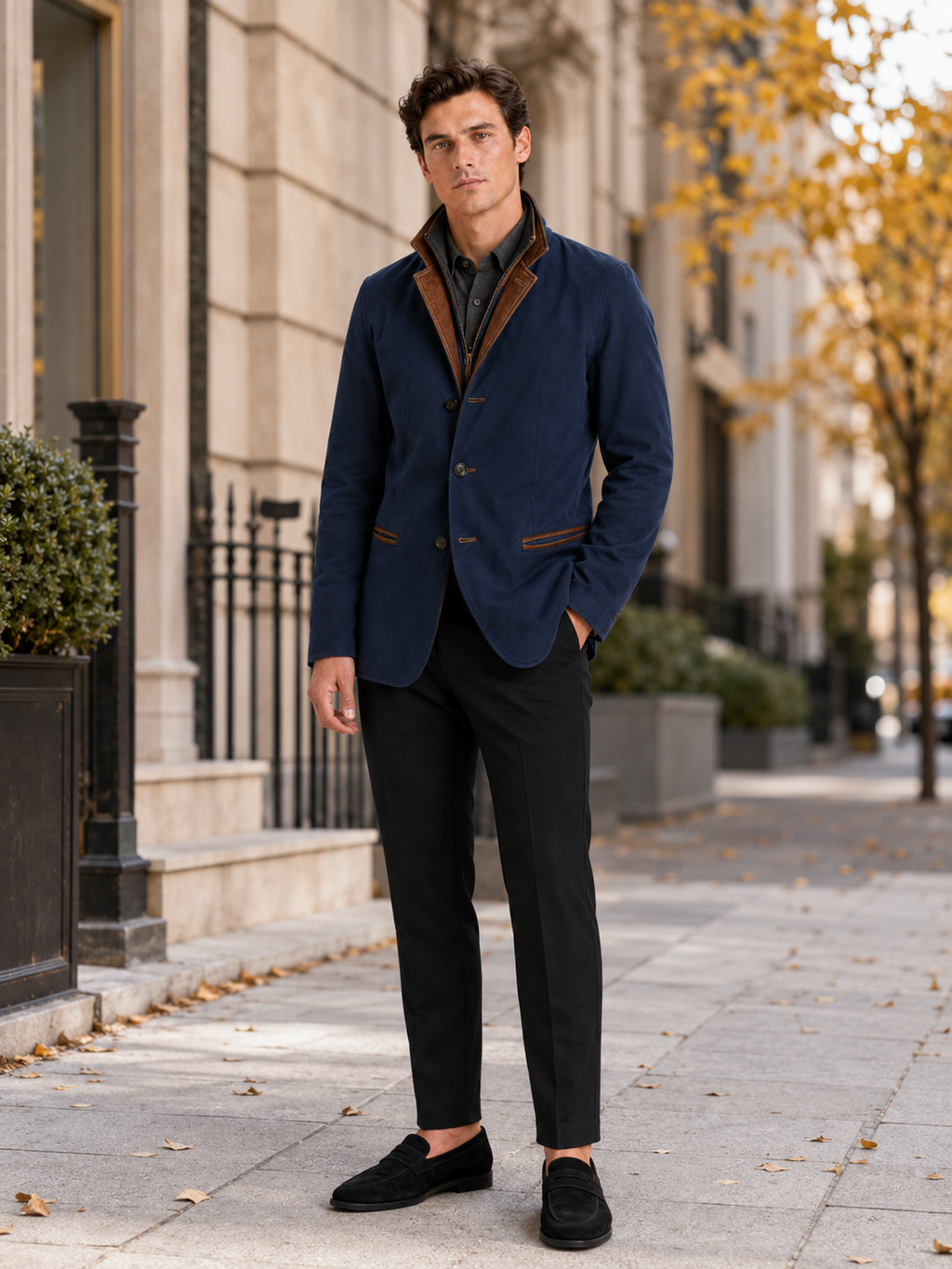 Man styling blue workwear jacket in a modern streetwear and everyday lifestyle outfit