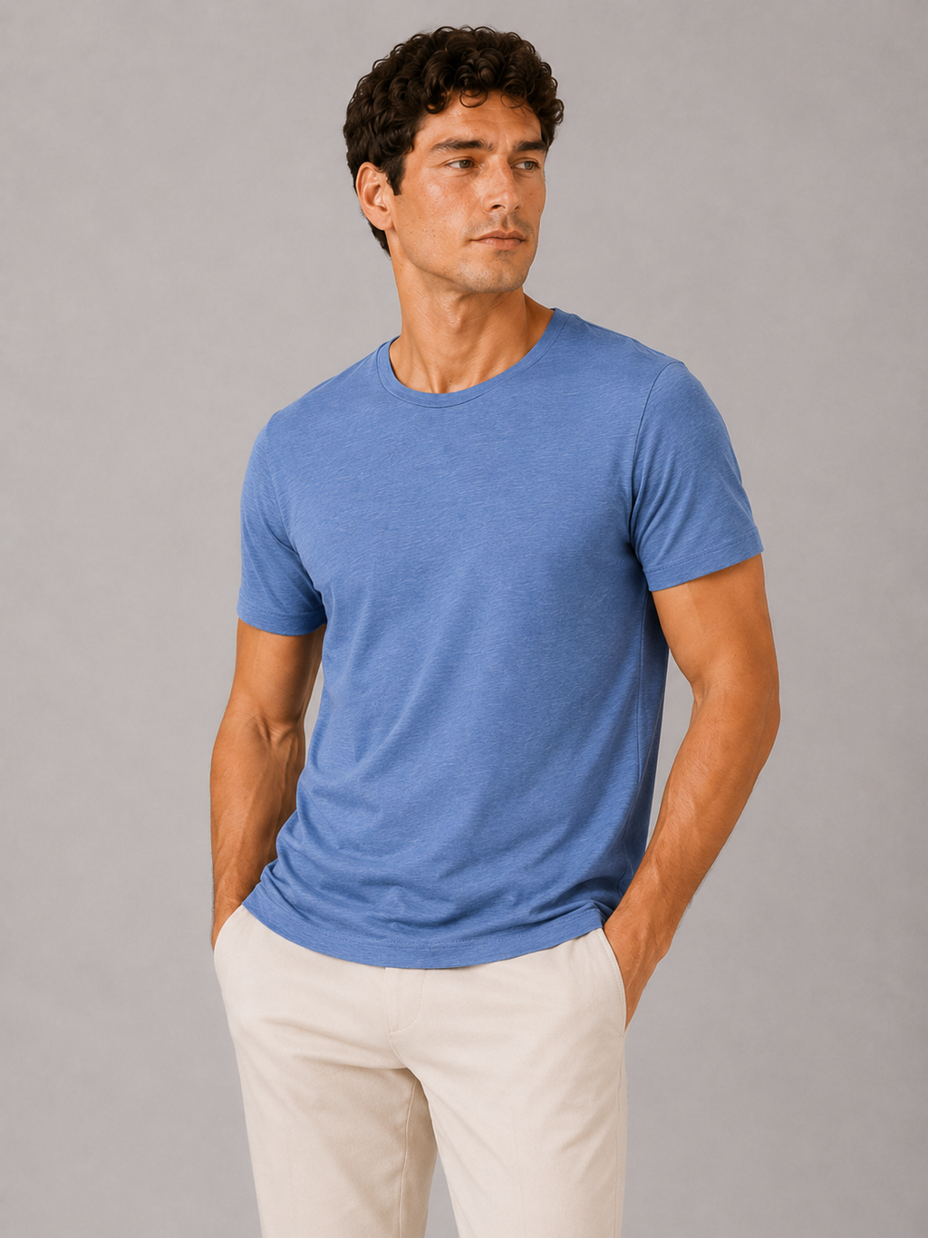 Men wearing blue 100 percent cotton crew neck t shirt soft short sleeve summer casual style