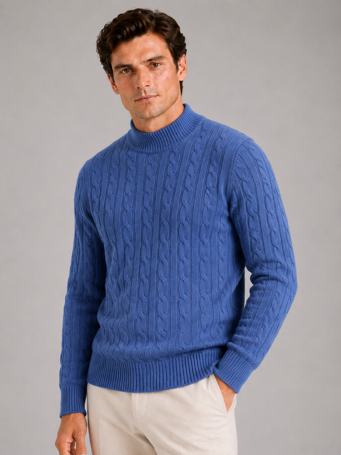Men wearing blue 100 percent wool cable knit mock neck sweater warm fall winter style