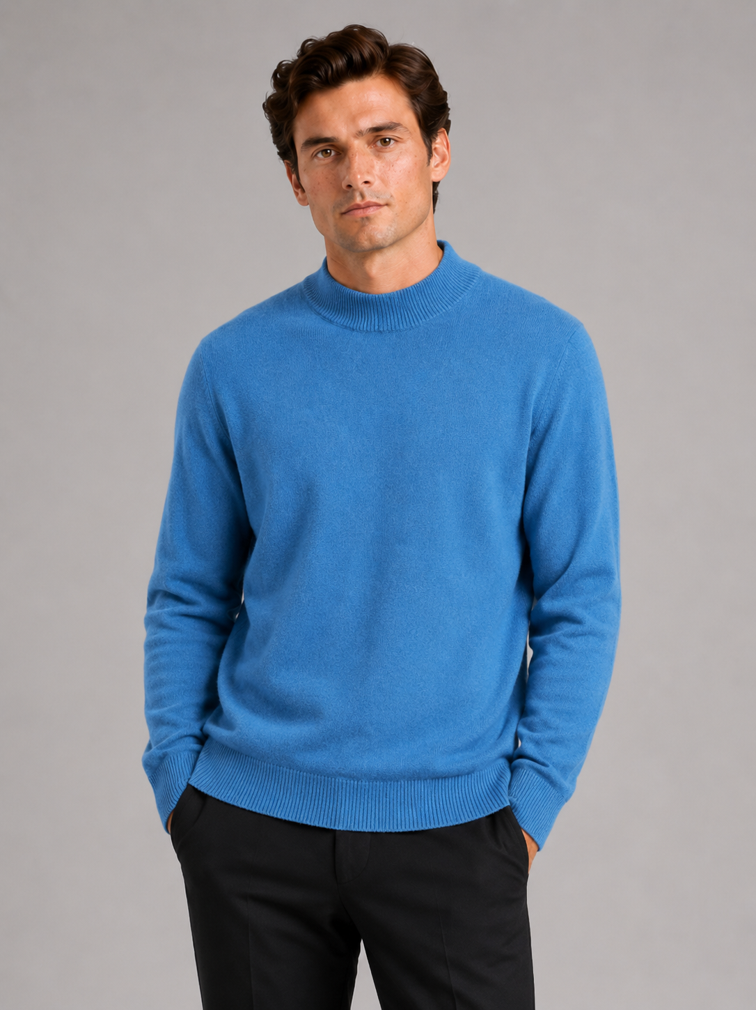 Men wearing blue 100 percent wool mock neck sweater warm solid color fall winter business casual style