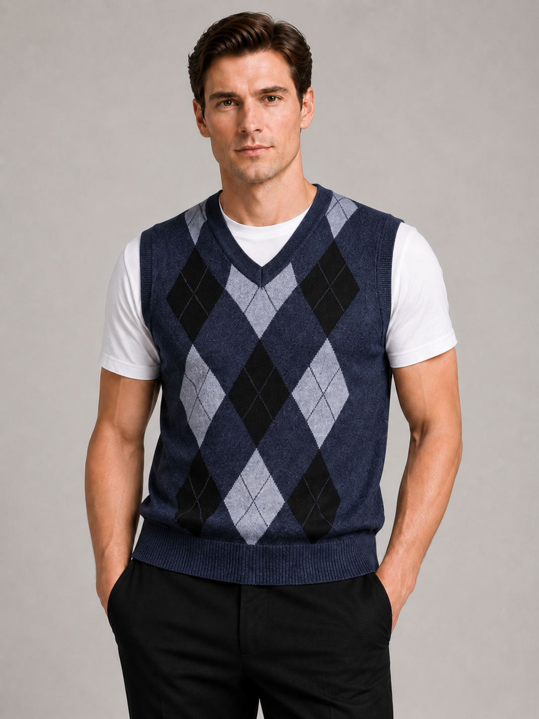 Men wearing blue argyle sweater vest v neck slim fit knit fall winter business casual style
