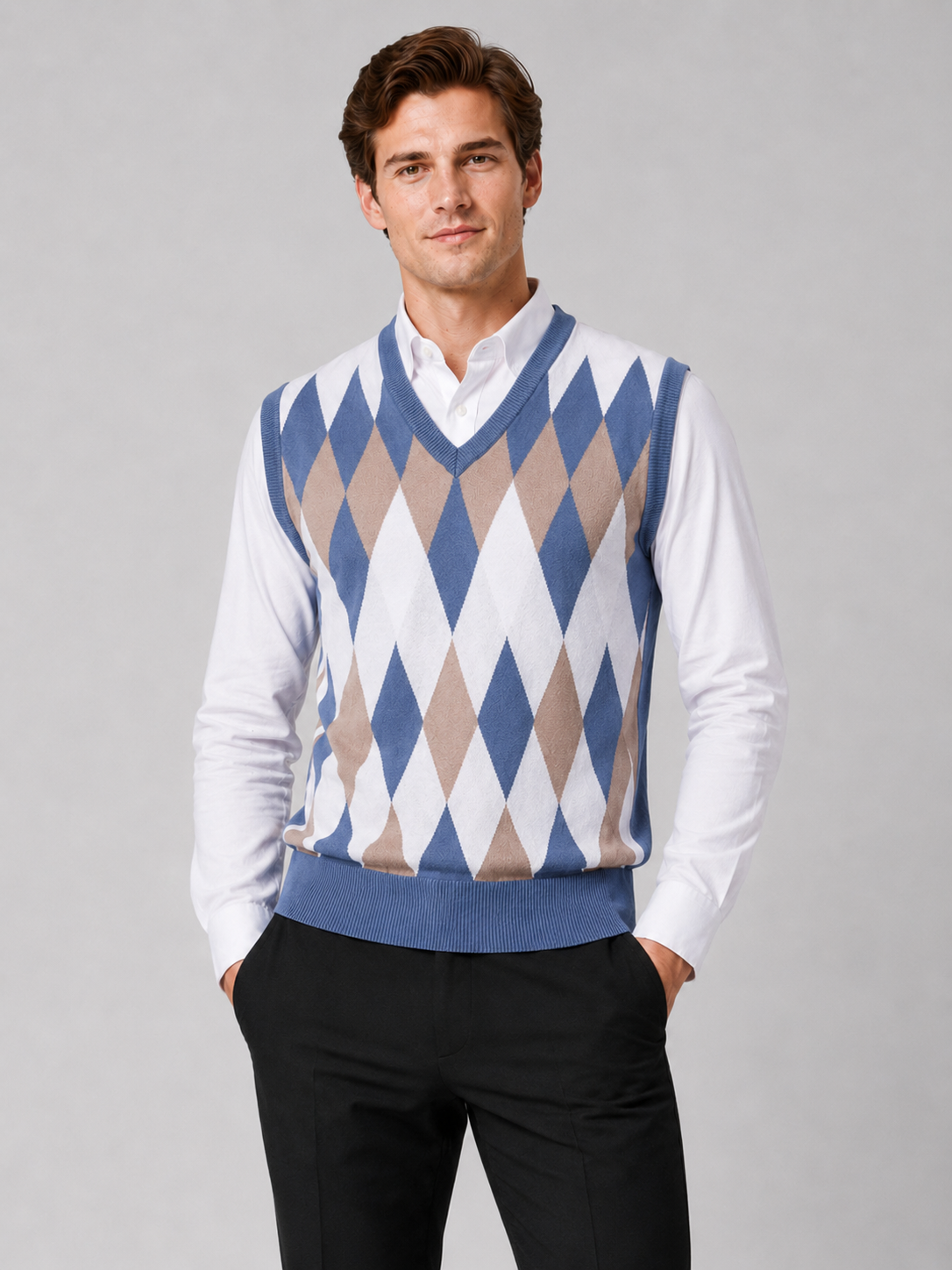 Men wearing blue argyle sweater vest v neck slim fit lightweight knit fall winter business casual style