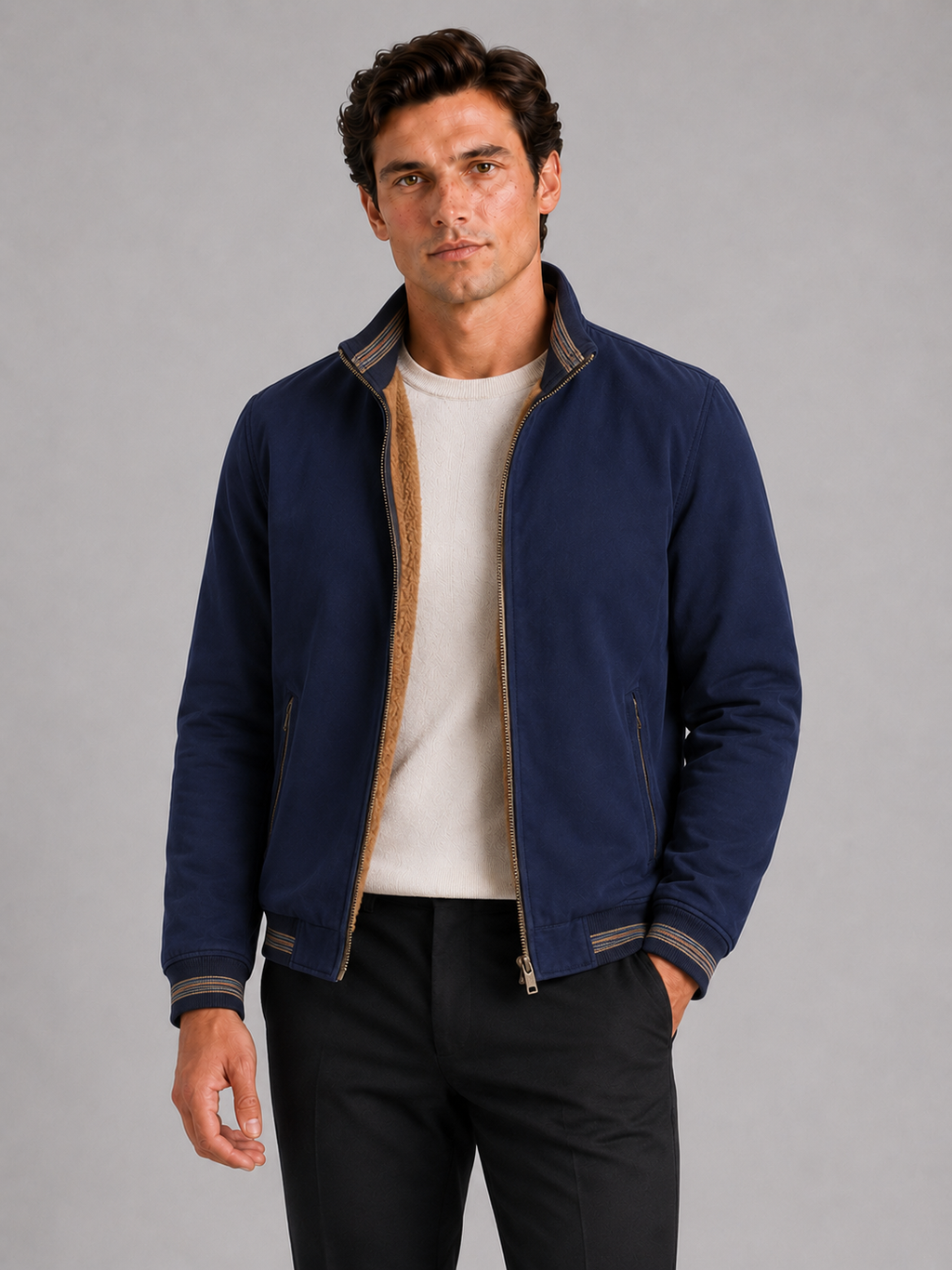 Men wearing blue aviator fall jacket fleece lined thick warm zip up casual style