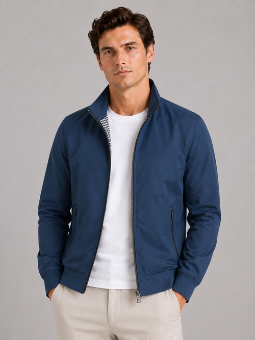 Men wearing blue bomber jacket slim fit stand collar zip up fall casual travel style