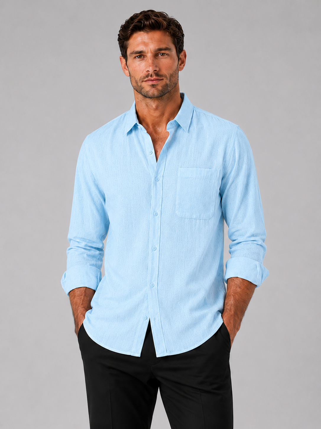 Men wearing light blue button down long sleeve shirt solid color summer casual style