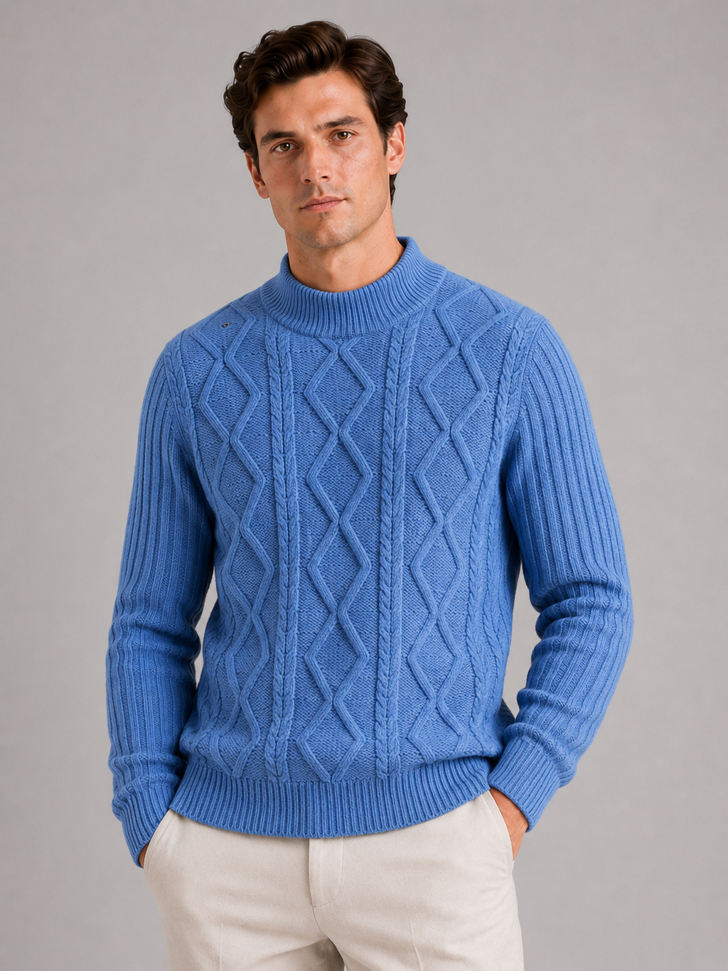 Men wearing blue cable knit mock neck sweater jacquard twist texture warm fall winter style