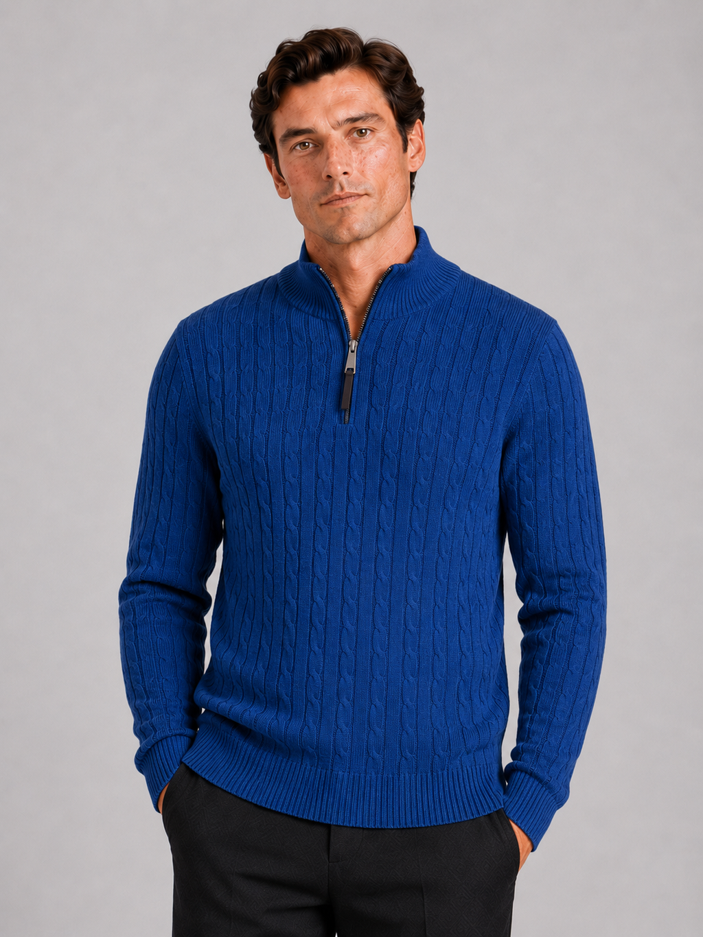 Men wearing blue cable knit pullover sweater mock neck quarter zip warm fall winter style