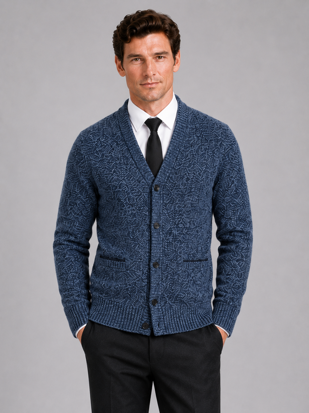 Men wearing blue v neck cardigan sweater knit long sleeve fall winter business casual style