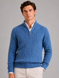 Men wearing blue cashmere cable knit sweater quarter zip mock neck warm fall winter style