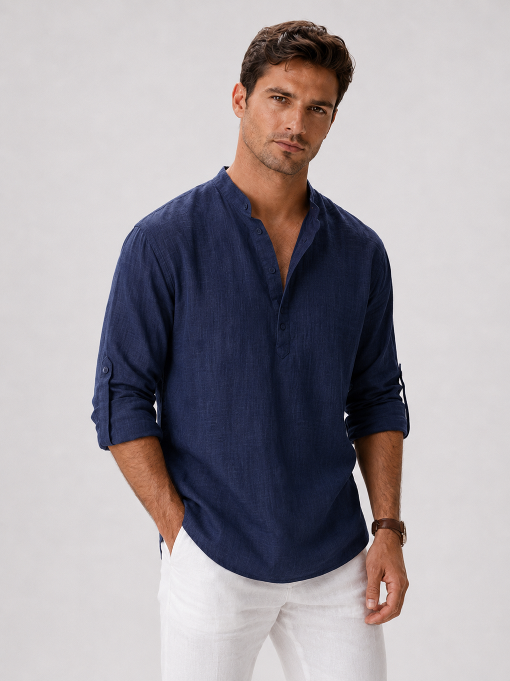 Men wearing navy band collar shirt lightweight breathable button up summer vacation style