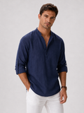Men wearing navy band collar shirt lightweight breathable button up summer vacation style
