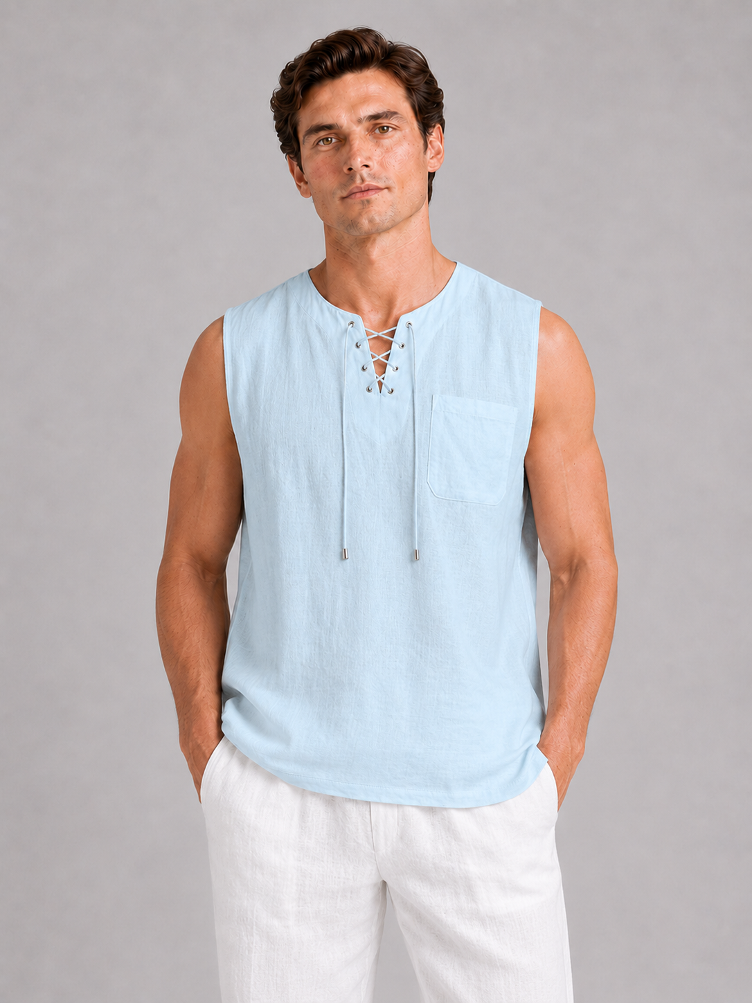 Men wearing blue cotton linen tank top sleeveless lace up v neck summer beach style