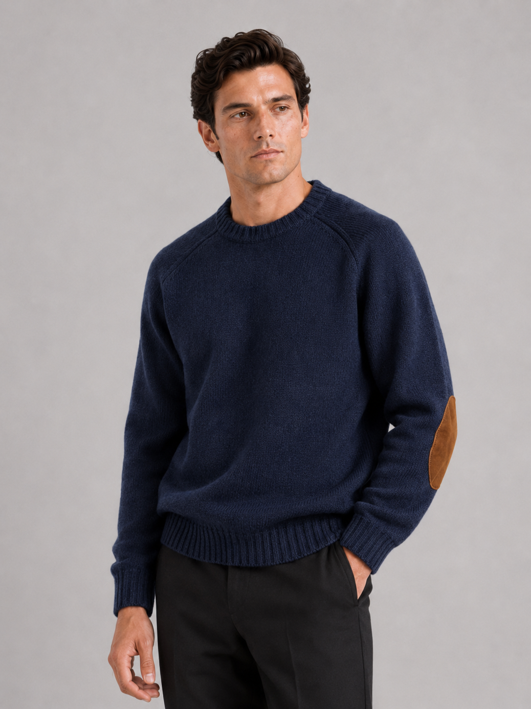 Men wearing blue crew neck wool knit sweater thick loose fit fall winter casual style