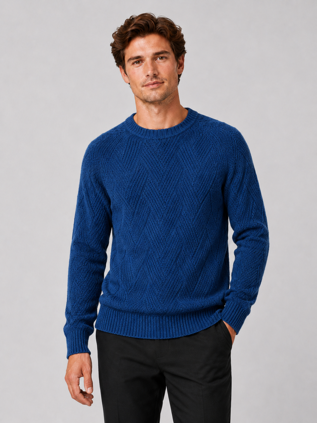 Men wearing blue crewneck sweater knit fall pullover casual everyday style