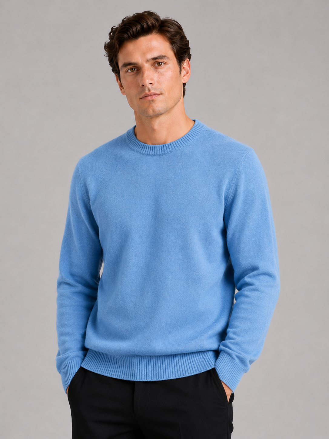 Men wearing blue crewneck sweater loose fit knit pullover fall winter casual style