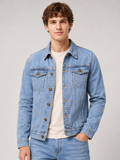Men wearing blue denim jacket slim fit cotton vintage fall casual streetwear style