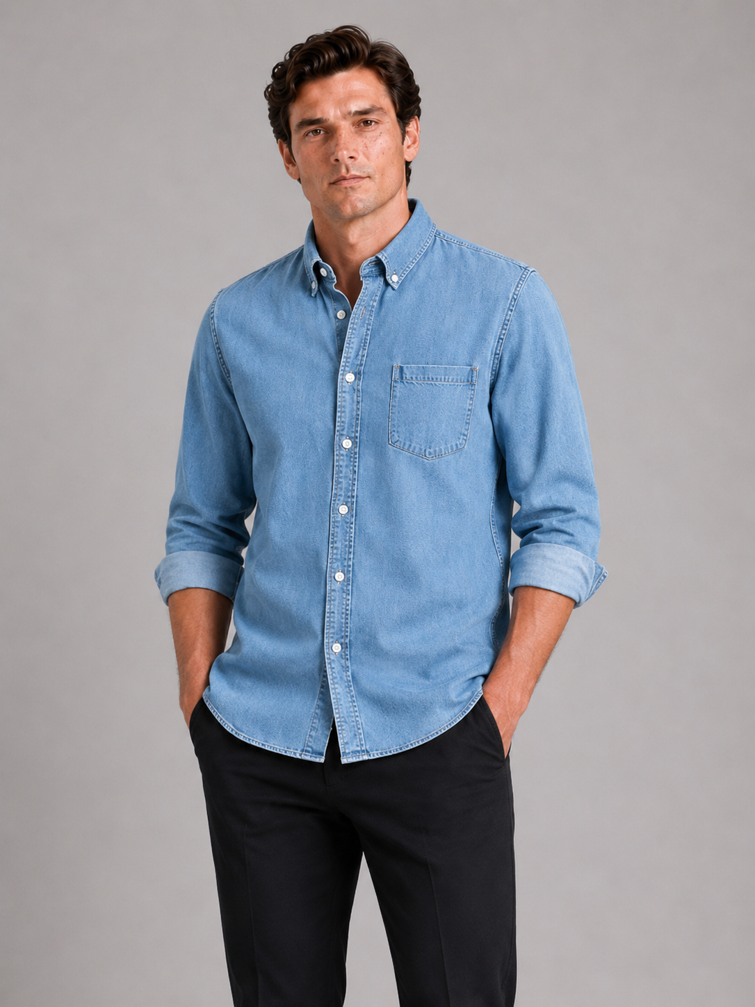Men wearing classic denim shirt long sleeve button down casual everyday style