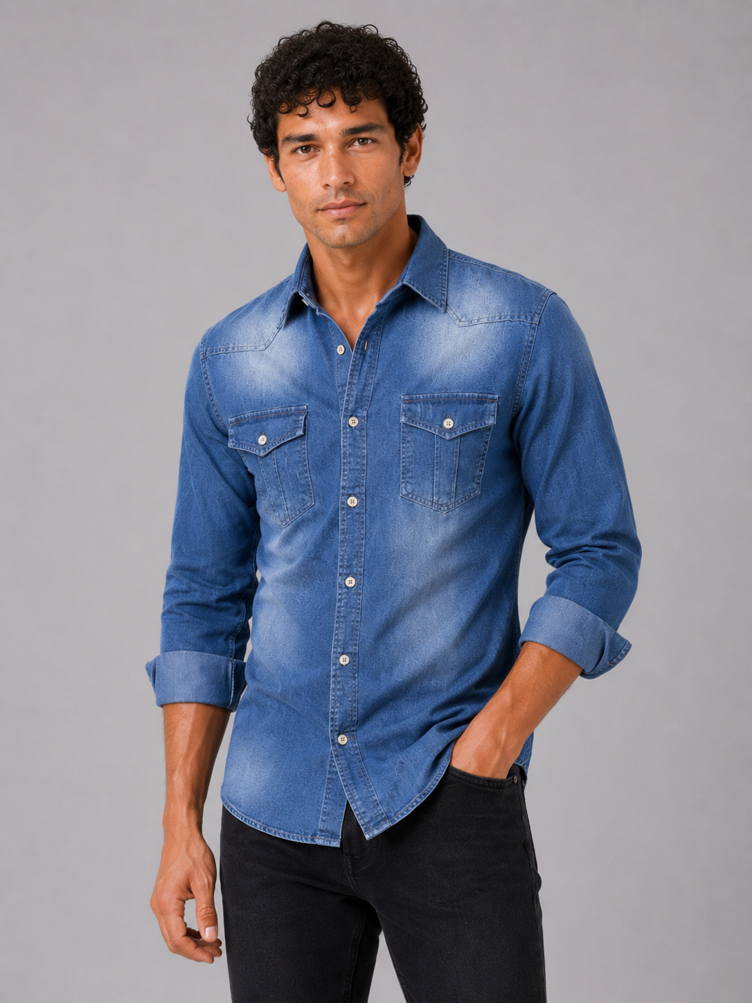 Men wearing blue denim shirt long sleeve slim fit washed cotton casual western style