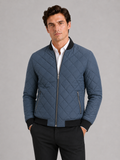 Men wearing blue bomber fall jacket diamond pattern fleece lined slim fit winter casual style