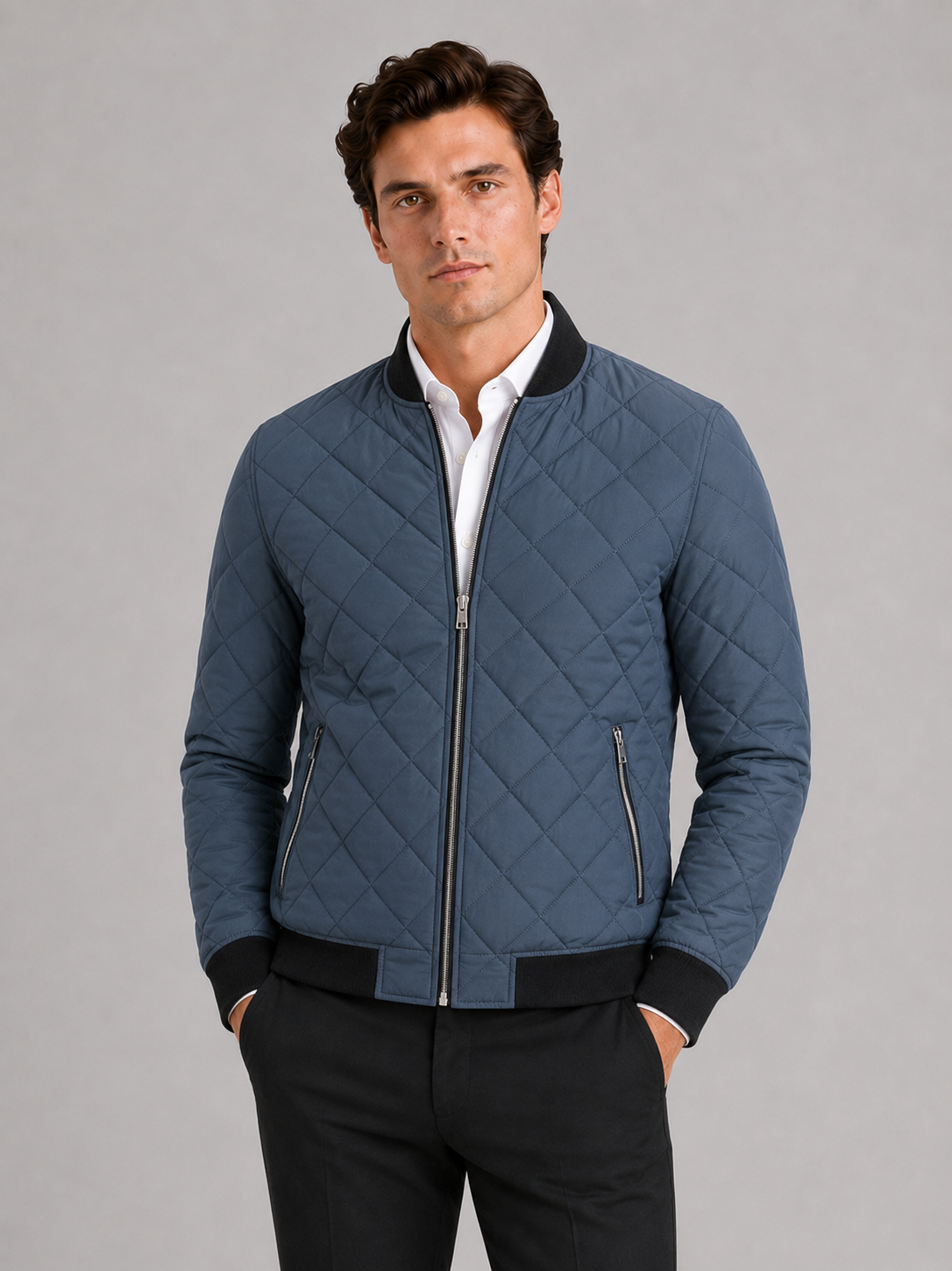 Men wearing blue bomber fall jacket diamond pattern fleece lined slim fit winter casual style