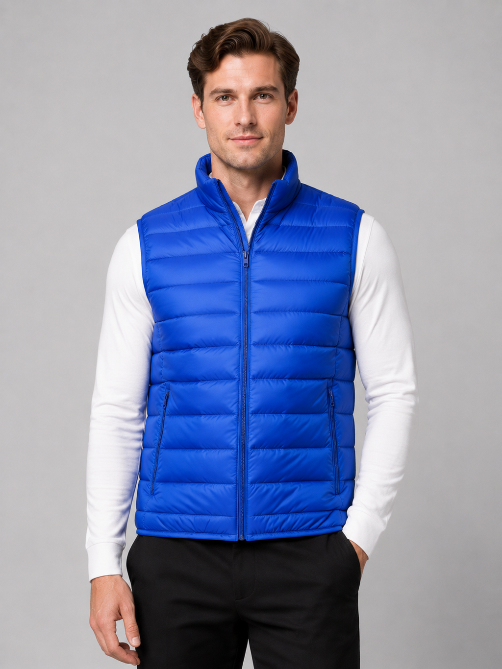 Men wearing blue ultralight down vest sleeveless lightweight warm winter travel style
