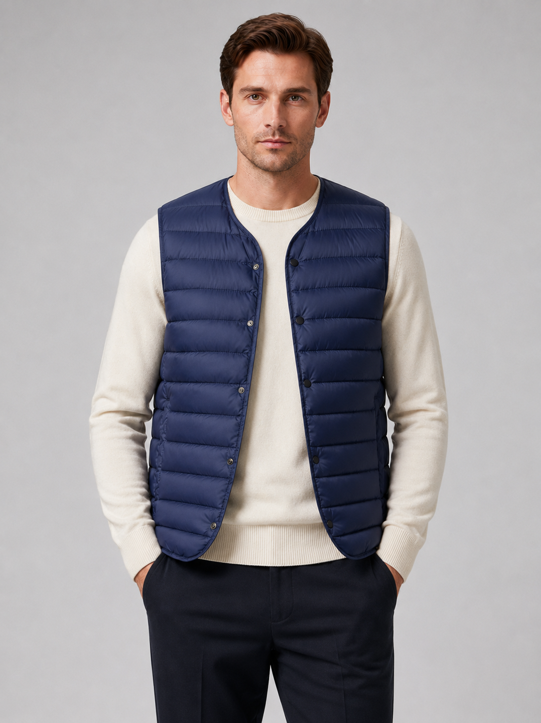 Men wearing blue down vest windproof waterproof lightweight warm button front winter outdoor style