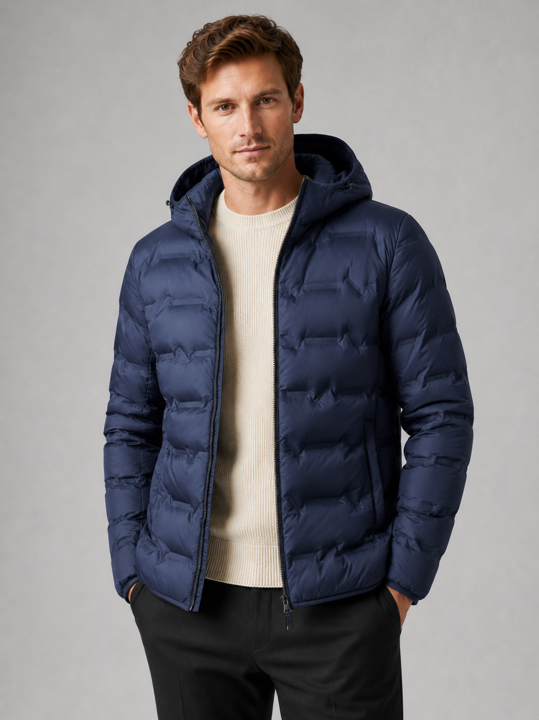 Men wearing blue duck down hooded puffer jacket lightweight warm winter travel style