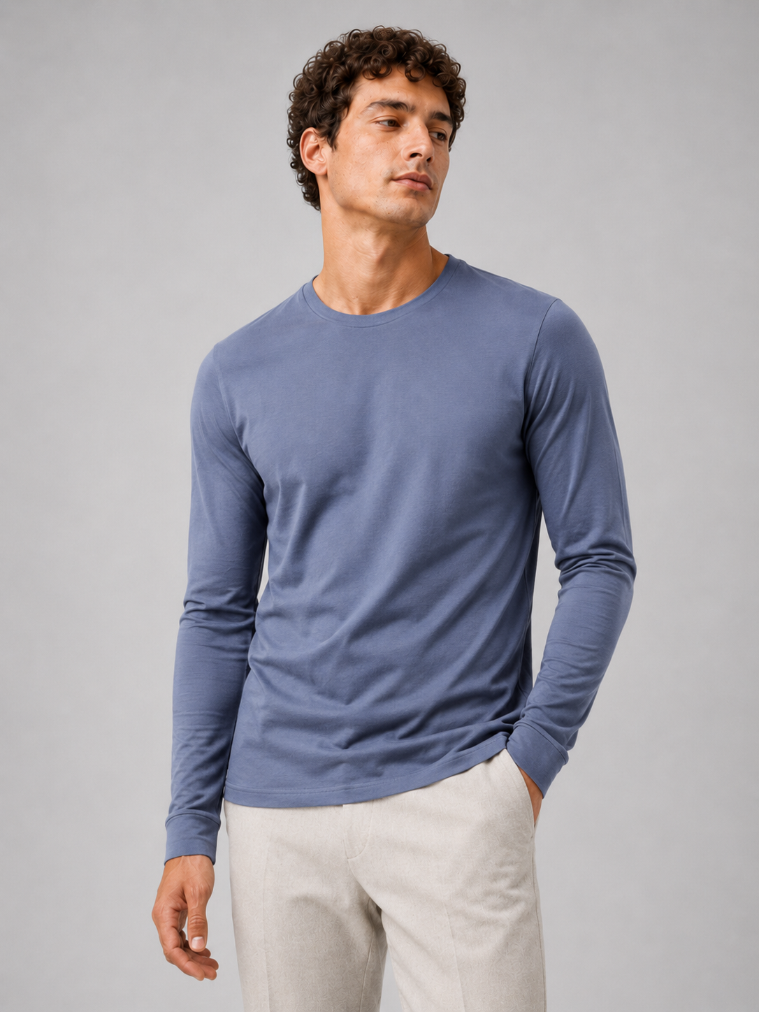 Men wearing pastel blue fitted long sleeve t shirt crew neck casual spring basic style