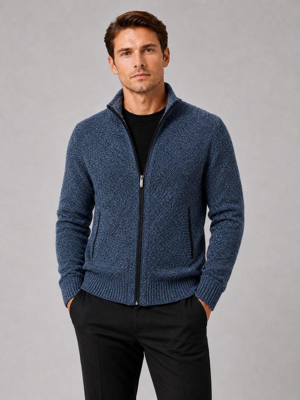 Men wearing blue fleece cardigan sweater full zip warm fall winter casual style