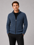 Men wearing blue fleece cardigan sweater full zip warm fall winter casual style