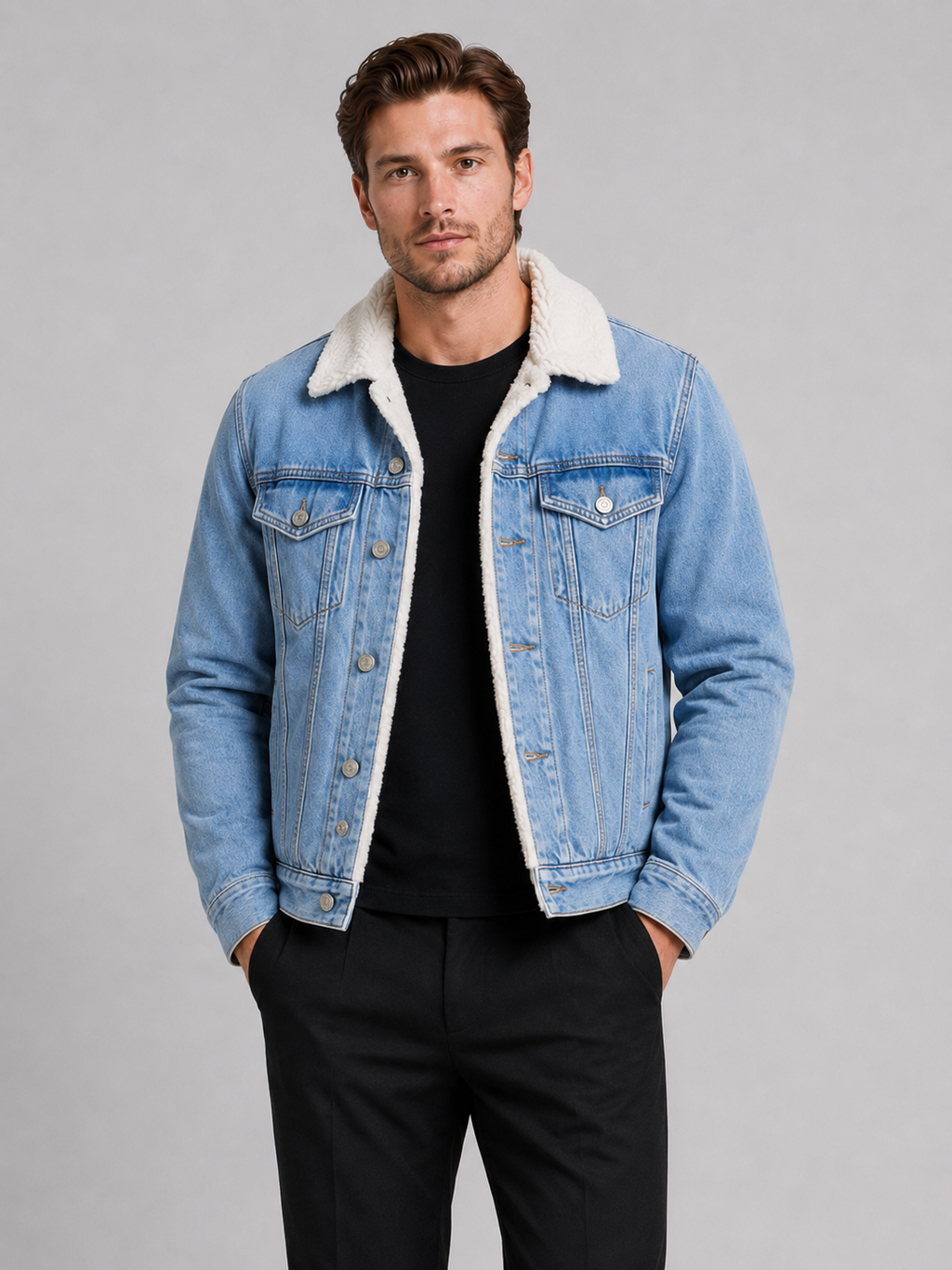 Men wearing blue fleece lined denim jacket turn down collar thick warm fall winter casual style