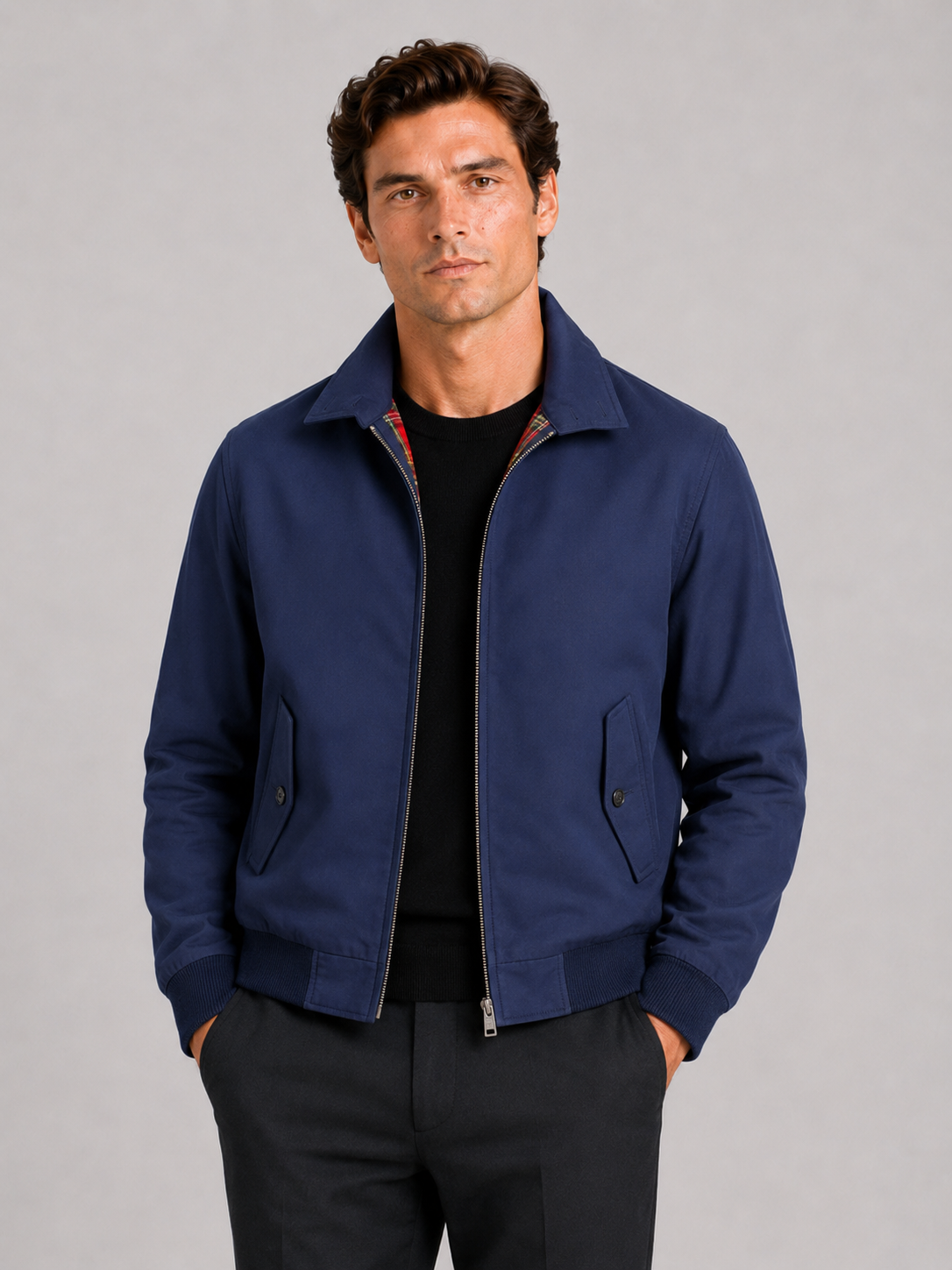 Men wearing blue Harrington fall jacket breathable zip up casual everyday style
