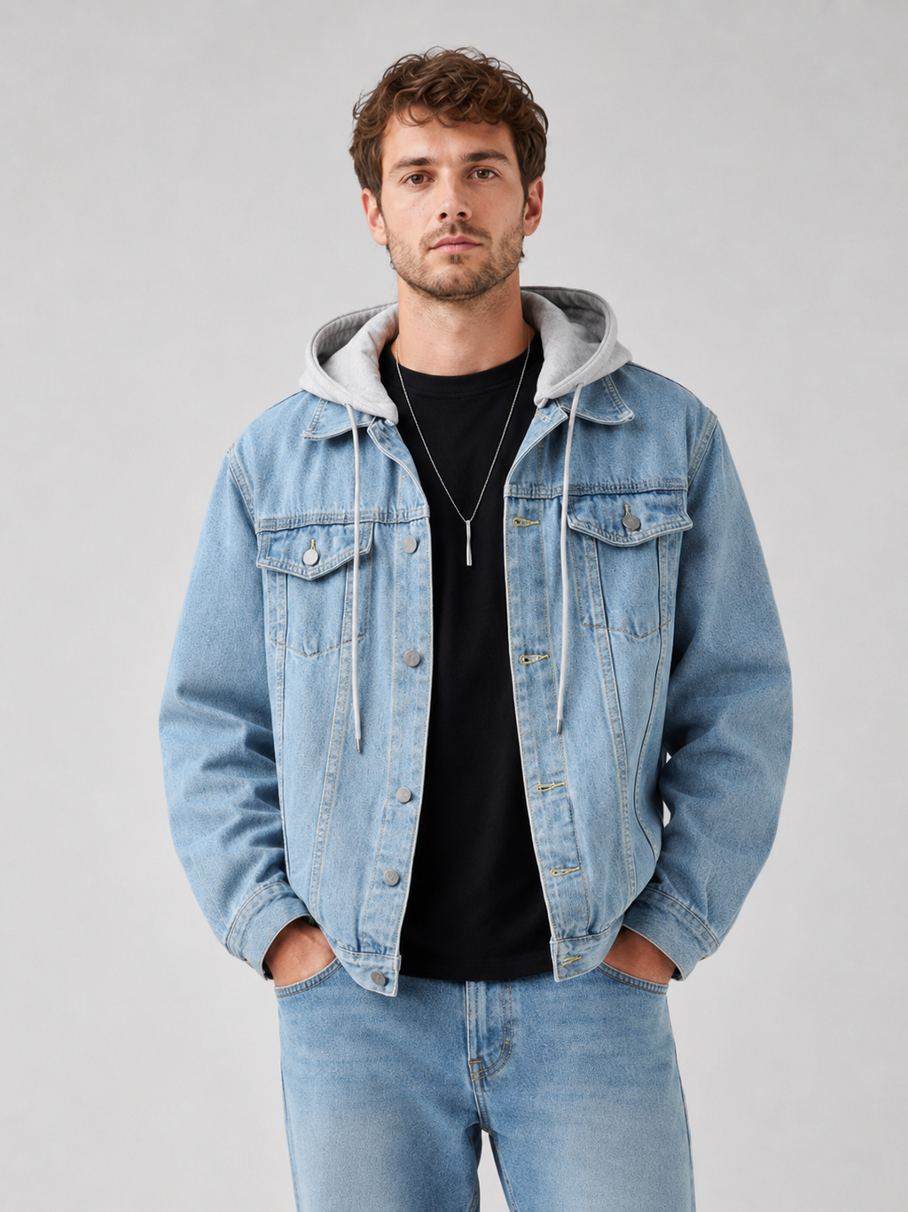 Men wearing blue hooded denim jacket with detachable hood and loose fit winter streetwear style