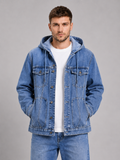 Men wearing blue hooded denim jacket windproof large pocket fall streetwear style