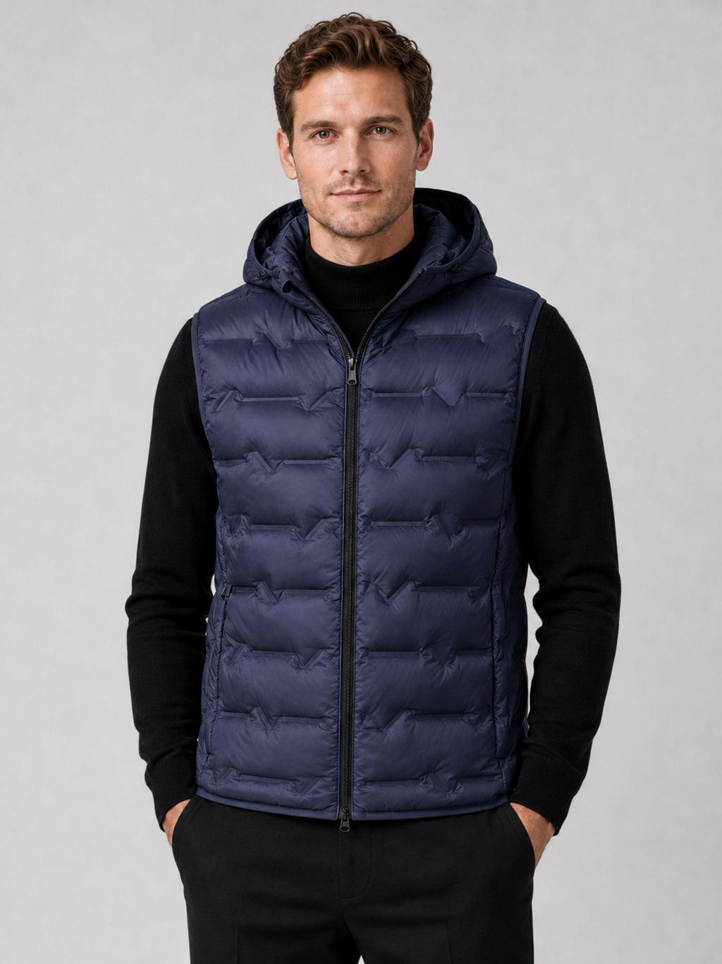 Men wearing navy hooded down vest ultralight windproof waterproof winter outdoor style