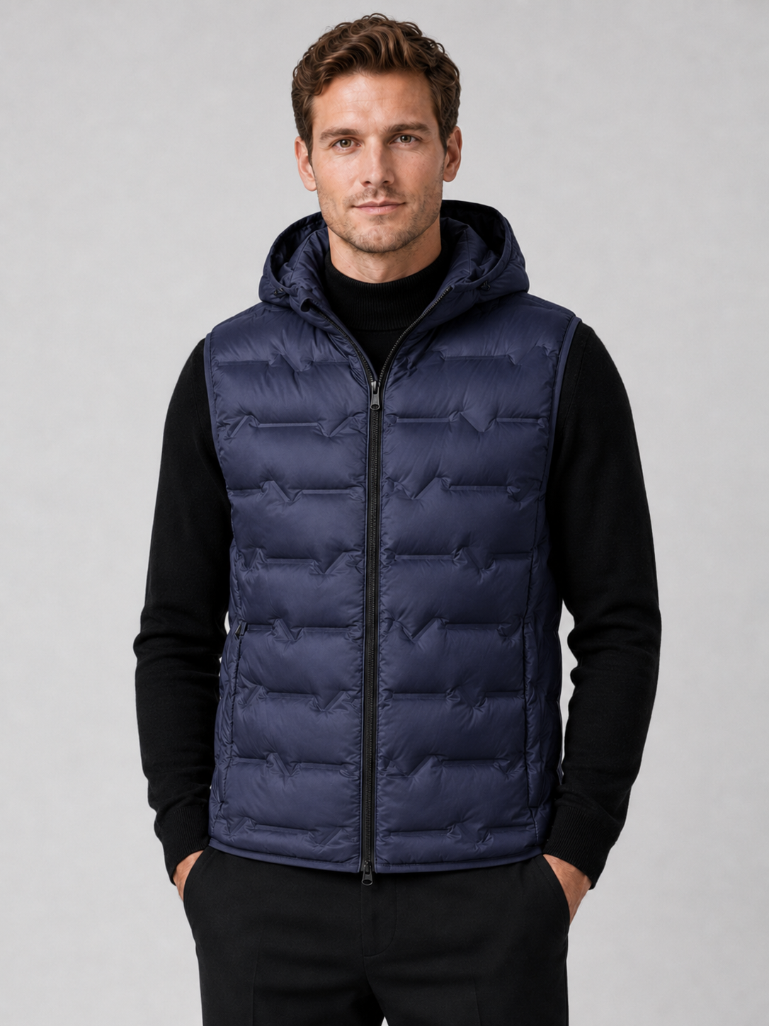 Men wearing navy hooded down vest ultralight windproof waterproof winter outdoor style