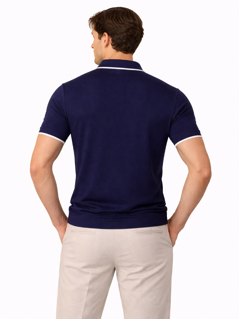 Navy knit polo shirt buttonless design soft breathable fabric clean modern outfit