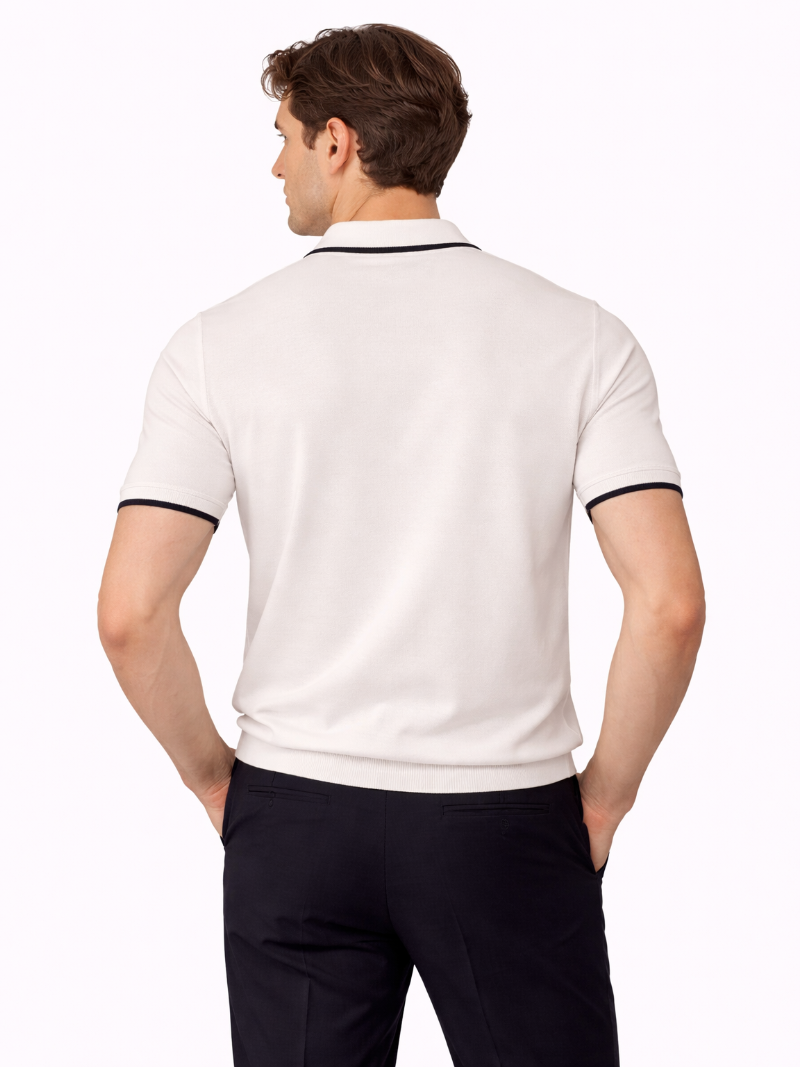 White knit polo shirt buttonless design soft breathable fabric clean refined outfit