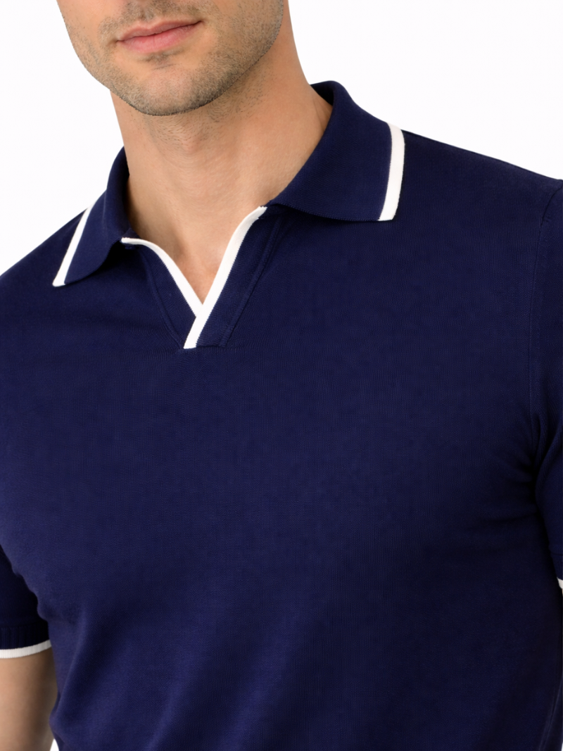 Men’s navy knit polo buttonless lightweight comfortable everyday smart casual wear