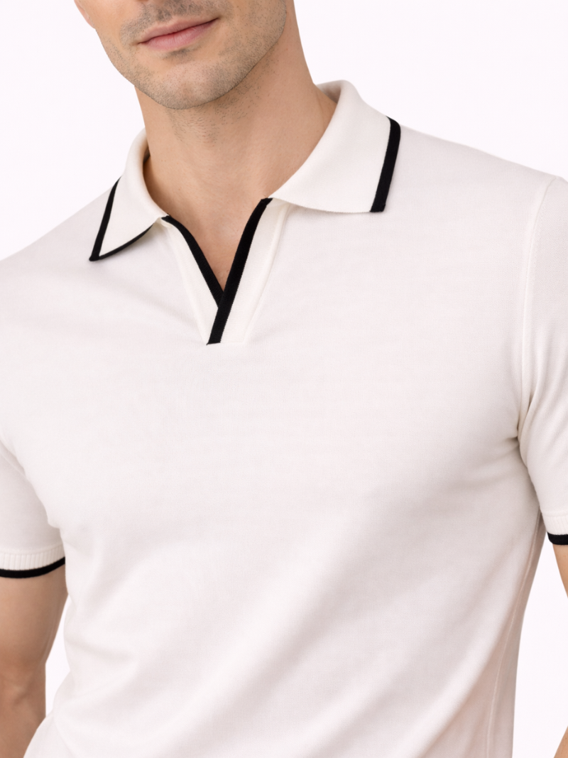 Men’s white knit polo buttonless lightweight comfortable summer casual wear
