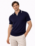 Men wearing navy knit buttonless polo lightweight breathable soft refined casual style