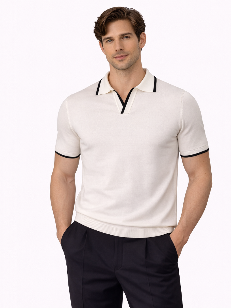 Men wearing white knit buttonless polo lightweight breathable soft summer luxury style