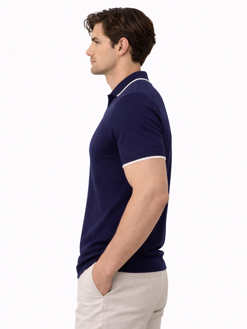 Navy buttonless knit polo soft breathable fabric minimal classic casual look