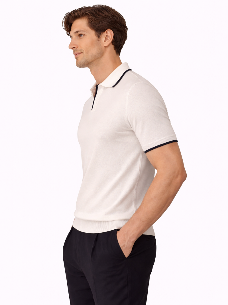 White buttonless knit polo soft breathable fabric minimal modern smart casual look