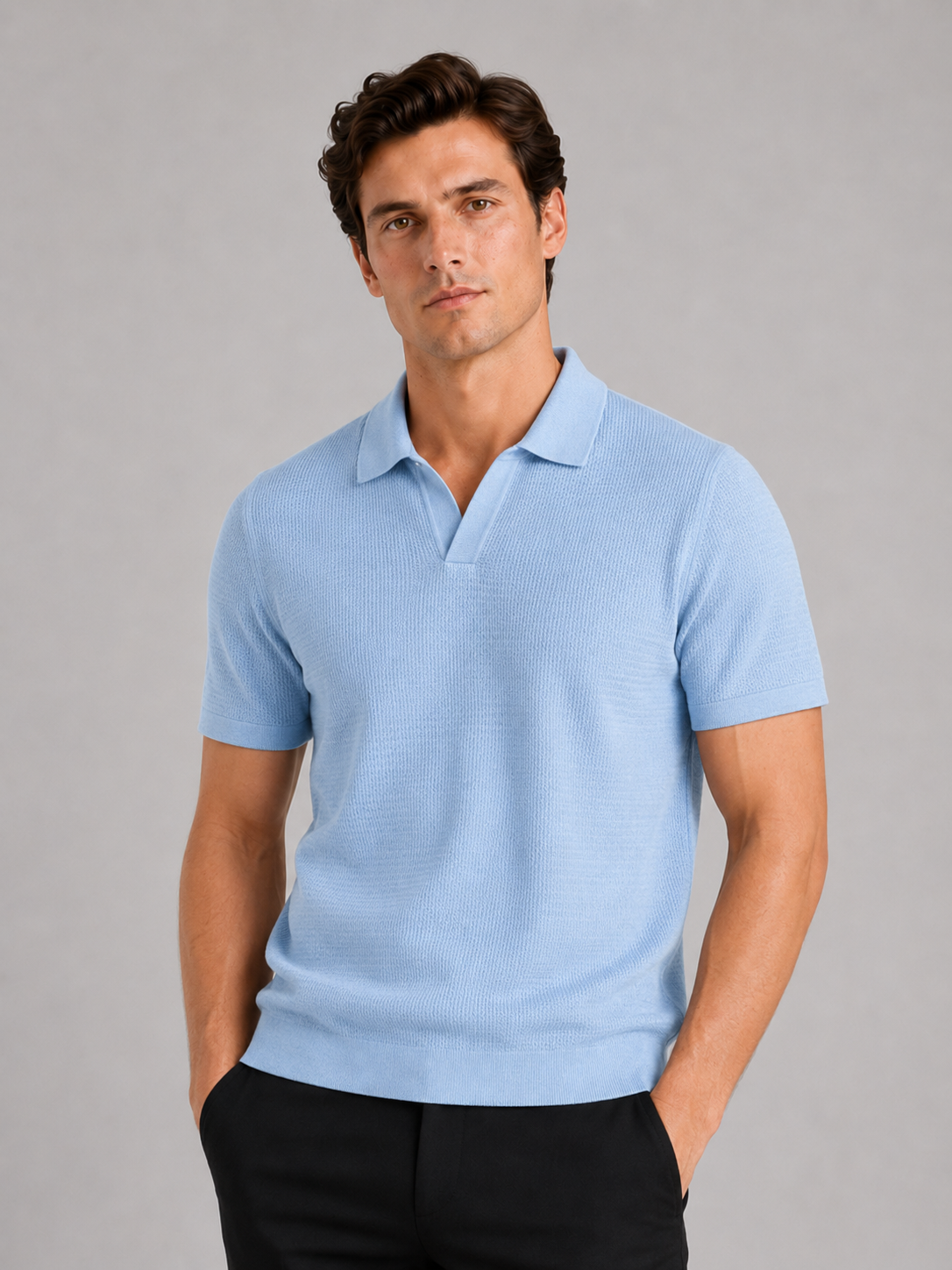 Men wearing blue knit polo t shirt solid color short sleeve lightweight summer business casual style