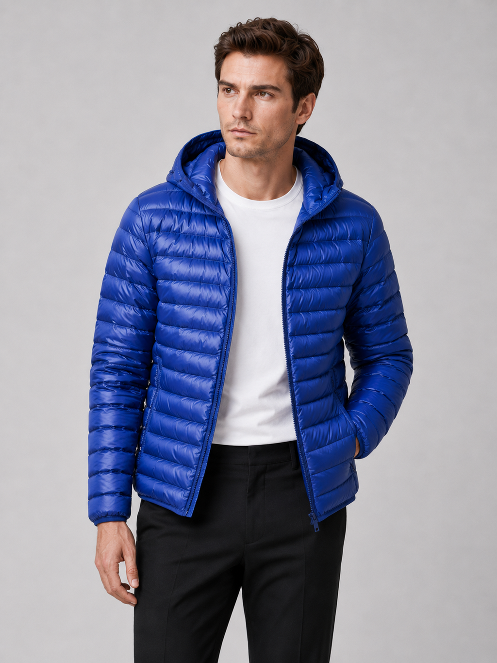 Men wearing blue lightweight hooded down puffer jacket thermal fall winter travel style
